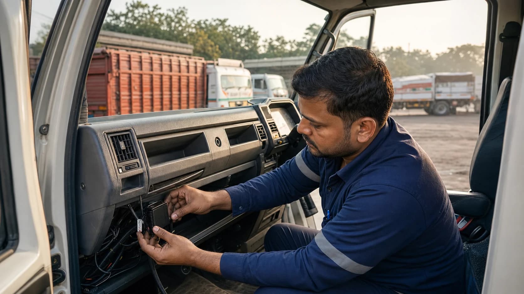 Technician installing an AIS-140 GPS device inside a commercial vehicle in Bihar