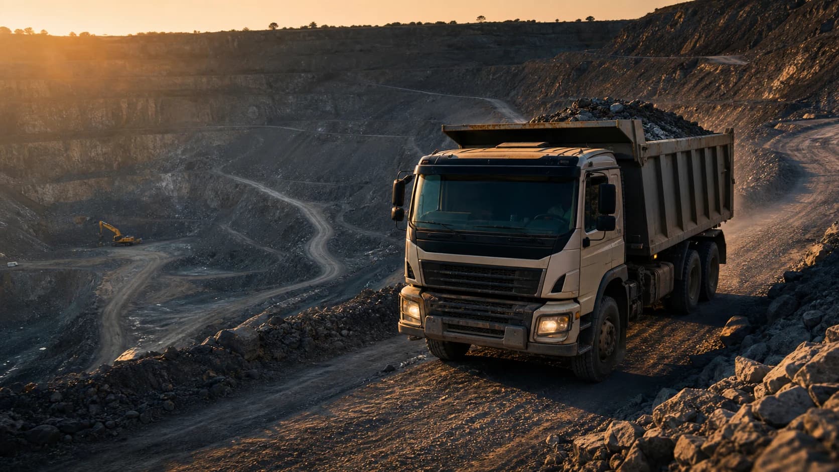 Heavy mining tipper operating with GPS tracking in a quarry