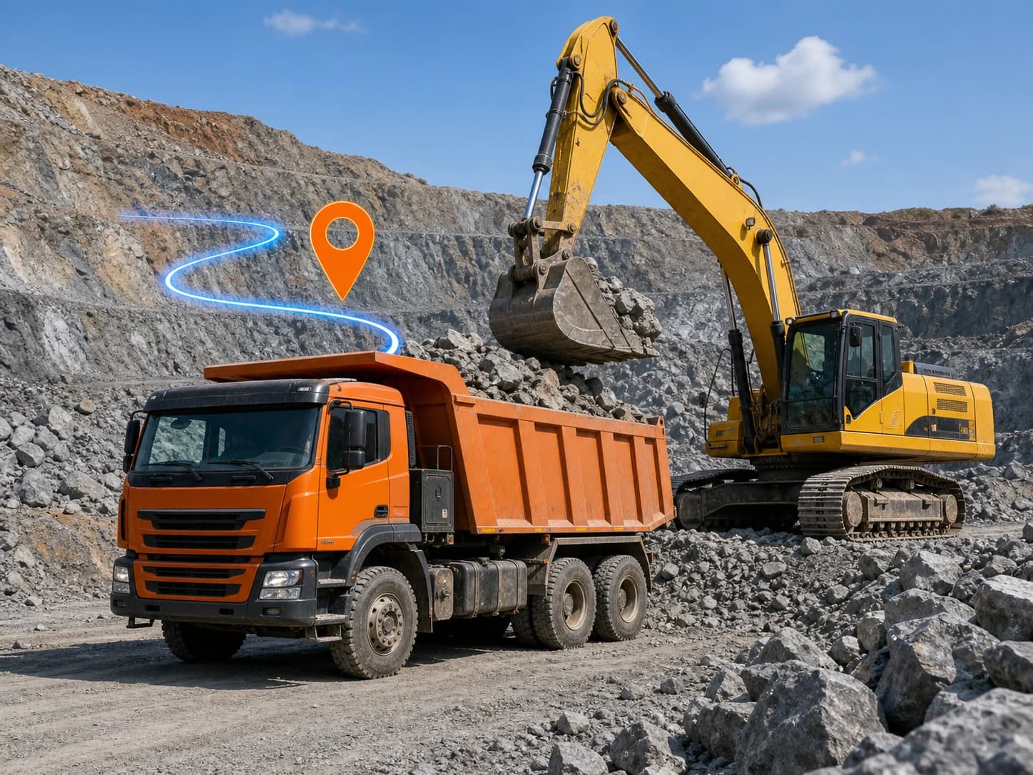 Mining tipper and excavator with GPS tracking