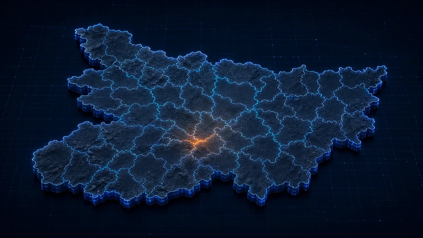 3D visualization of Route Tech dealer coverage across all 38 districts of Bihar