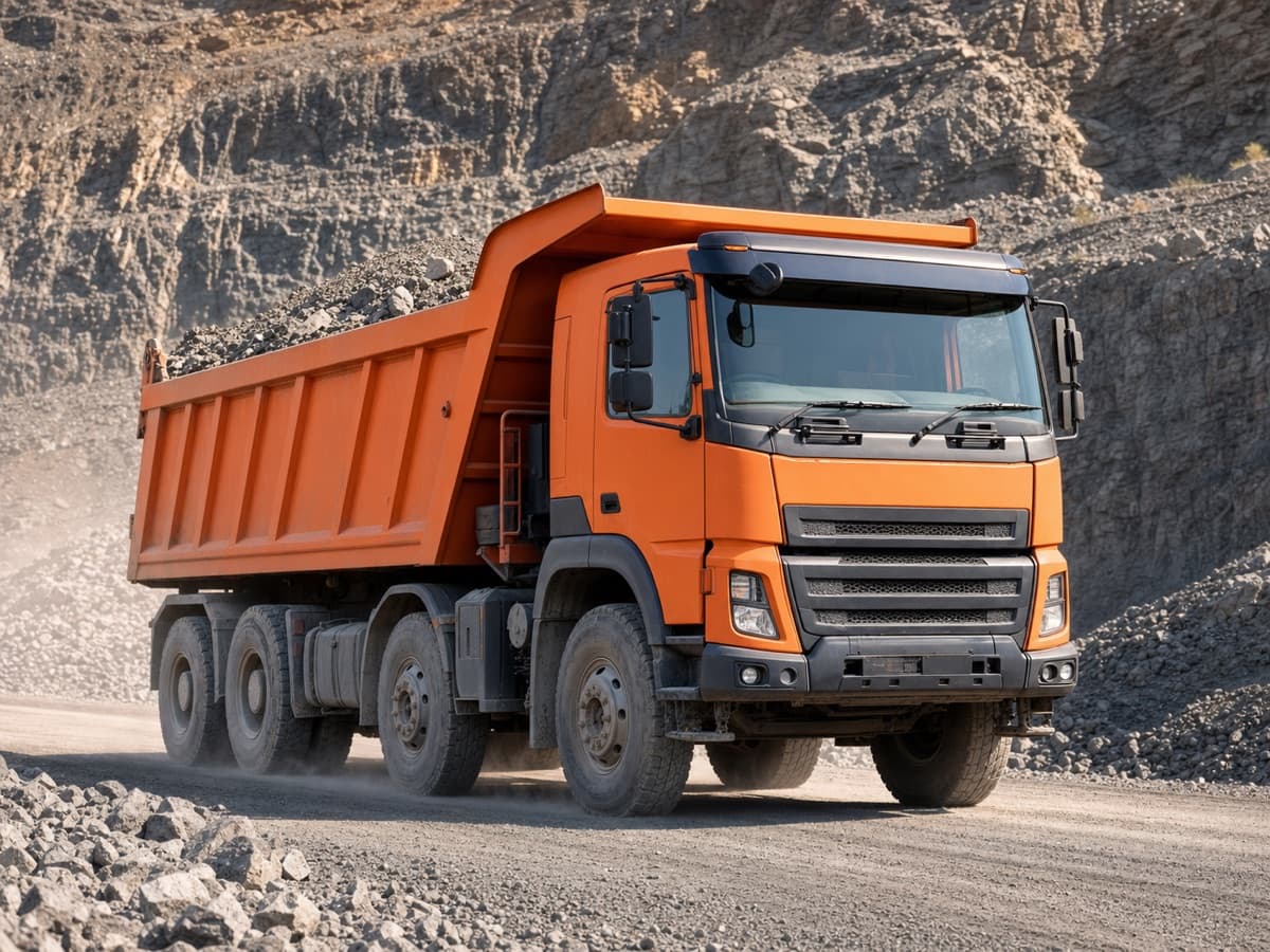 Orange mining tipper using GPS tracking in a Bihar quarry